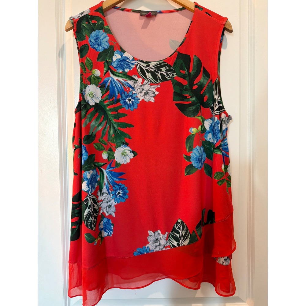 Vince Camuto Red Tropical Floral Layered Chiffon Hem Sleeveless Top XL